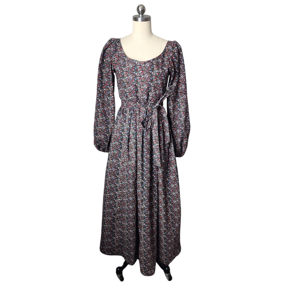 VINTAGE HANDMADE Ditsy floral Long Sleeve Dress square neck tie waist navy